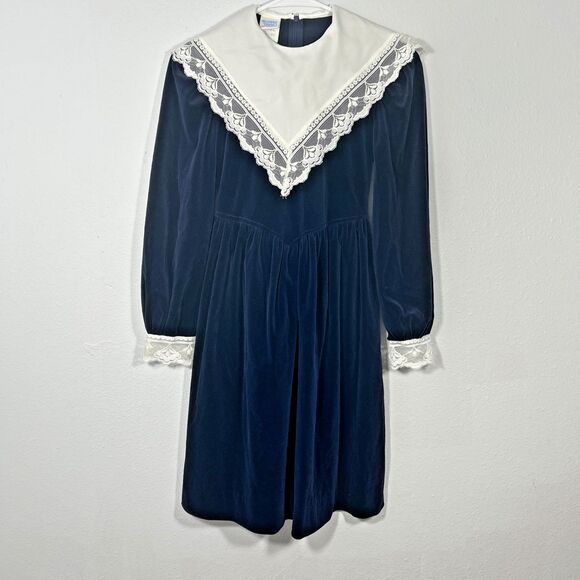 Vtg Bonnie Jean Dress Girls 12 Navy Velvet Lace Puritan Mormon Cottagecore